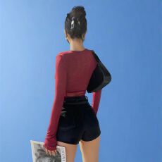 批发长袖<b class='q'>欧美</b><b class='q'>T</b><b class='q'>恤</b>辣妹性感修身纯欲风打底网纱拼接方领上衣自家工厂