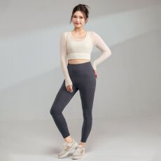 批发带胸垫瑜伽服长袖T恤女假两件网纱短款上衣辣妹运动自家工厂