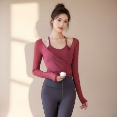 批发带胸垫长袖罩衫网纱<b class='q'>运动</b>上衣修身显瘦短款普拉提健身自家工厂