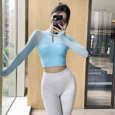 批发带胸垫瑜伽长袖T恤女新款国风盘扣<b class='q'>运动</b>短款拼纱露脐上衣自家工厂