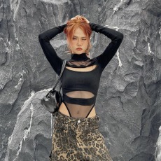 批发长袖<b class='q'>T</b><b class='q'>恤</b>连体衣半高领镂空性感透视拼接网纱上衣自家工厂