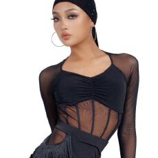 批发带胸垫长袖<b class='q'>T</b><b class='q'>恤</b><b class='q'>女</b>网纱拼接性感深V领舞蹈练功服连体衣自家工厂