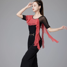 批发瑜伽服连体衣<b class='q'>中袖</b>T恤女拉丁跳舞蹈荷叶披肩上衣自家工厂