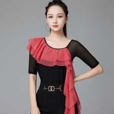 批发瑜伽服连体衣<b class='q'>中袖</b>T恤女拉丁跳舞蹈荷叶披肩上衣自家工厂