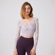 批发带胸垫瑜珈服女长袖T恤假两件性感<b class='q'>修身</b>运动普拉提上衣自家工厂