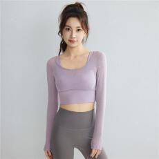 批发带胸垫瑜伽服长袖T恤女假两件网纱短款上衣辣妹<b class='q'>运动</b>自家工厂
