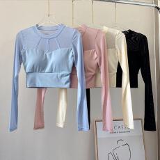 批发带胸垫性感<b class='q'>网纱</b>瑜伽服显瘦运动上衣外穿跑步健身T袖自家工厂