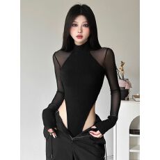 批发长袖T恤女高领性感设计感<b class='q'>网纱</b>拼接连体<b class='q'>上衣</b>辣妹收腰自家工厂