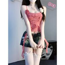 批发吊带背心女纯欲风新款辣妹性感网纱花朵修身显瘦上衣自家工厂