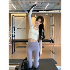 带胸垫瑜伽服长袖T恤女时尚爆款镂空设计网纱拼接上衣自家工厂