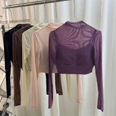 批发带胸垫T恤女长袖瑜伽服气质网纱跑步运动上衣普拉提自家工厂