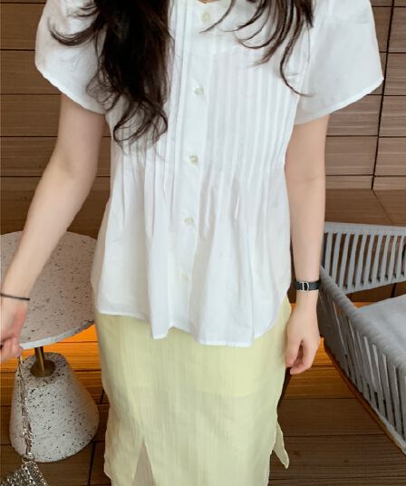 있음 선적 삼색 한 부서 미니멀리즘 수공 주름 반팔 셔츠 오픈 가디건