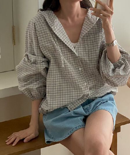 있음 선적 삼색 체크무늬 후드 셔츠 재고 있음