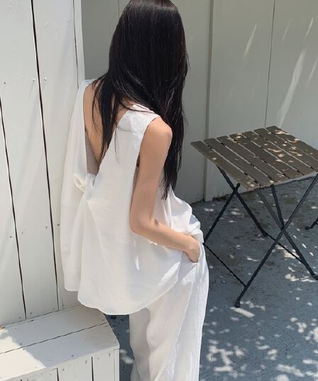 지금 삼색 주간 실크 통기성 디자인 센스 이후 매듭 루즈핏 조끼