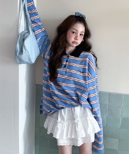 지금 huo 둘 색상 연령 감소 스트라이프 긴팔 폴로 칼라 polot 셔츠