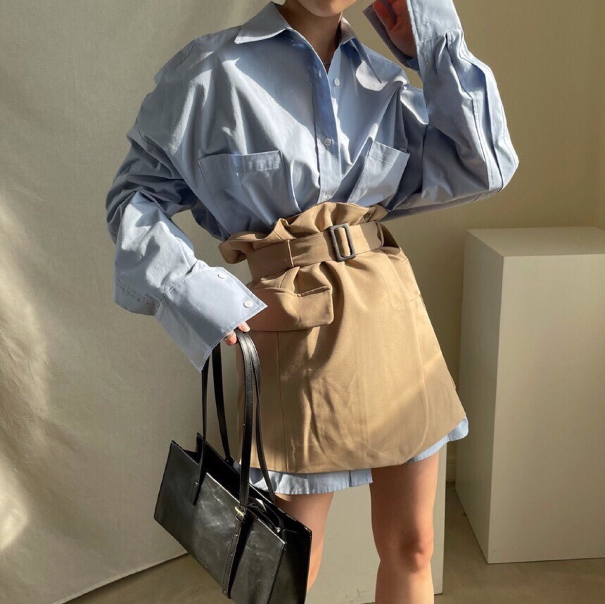 있음 선적 chic 단색 루즈핏 BF 바람 셔츠 포장 반신 스커트