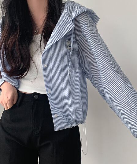 있음 선적 작은 키 품격 스트라이프 후드 긴팔 셔츠