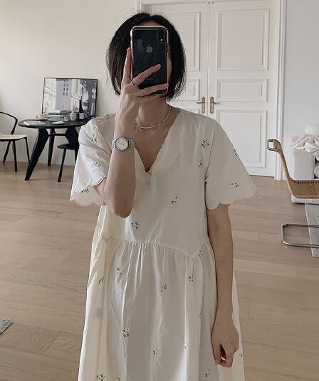 있음 선적 한 부서 면 100% 자수 물결무늬 측면 V넥 반팔 롱 코트 드레스