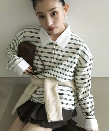 있음 선적 한 부서 달콤함 레이스 폴로 칼라 스트라이프 긴팔 티셔츠