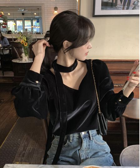 있음 선적 한 부서 품격 벨벳 복숭아 심장 고리 긴팔 맨위