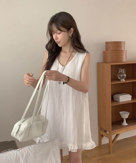 있음 선적 한 부서 미니멀리즘 V넥 프릴 민소매 드레스 있음 안감