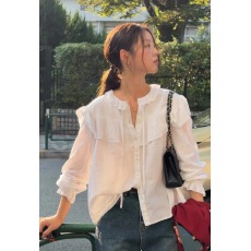 批发韩系ins风大荷叶系带翻领<b class='q'>长袖</b>单排扣<b class='q'>衬衫</b>