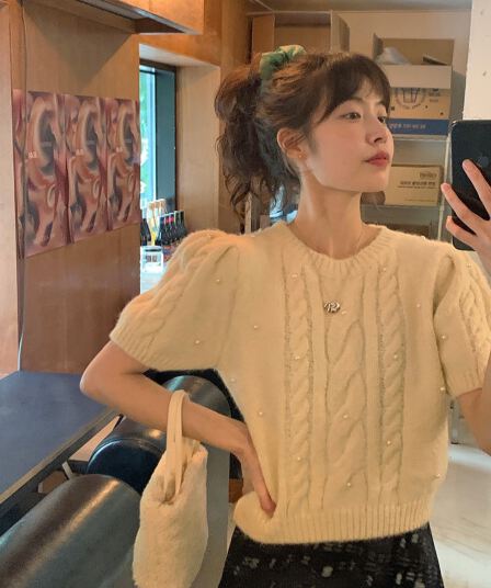 있음 선적 한 부서 품격 비즈 박기 반팔 라운드 넥 스웨터 풀오버