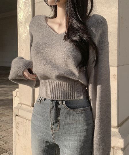 있음 선적 한 부서 V넥 측면 부서 버클 허리 수축 슬림해 보이는 털 니트 스웨터