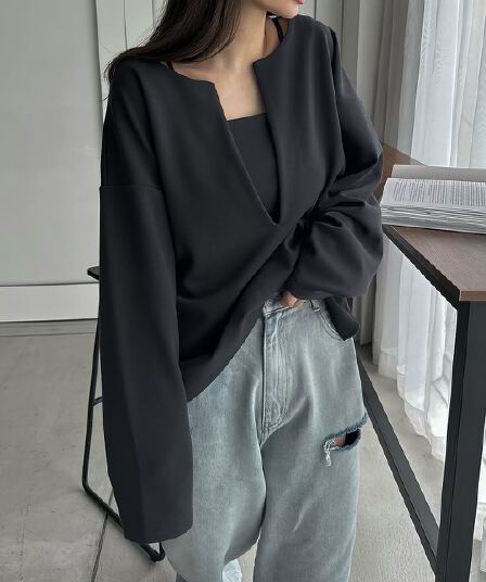 있음 선적 한 부서 둘 색상 느슨함 센스 품격 V넥 후드티 슬립 세트