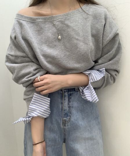있음 선적 한 부서 보트넥 오프숄더 디자인 센스 패치워크 후드티