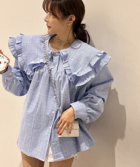 있음 선적 한 부서 체크무늬 베이비 칼라 폴로 칼라 프릴 루즈핏 셔츠