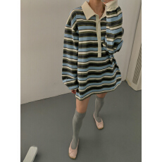 已出货～韩系慵懒风条纹拼色半开领polo长袖T恤