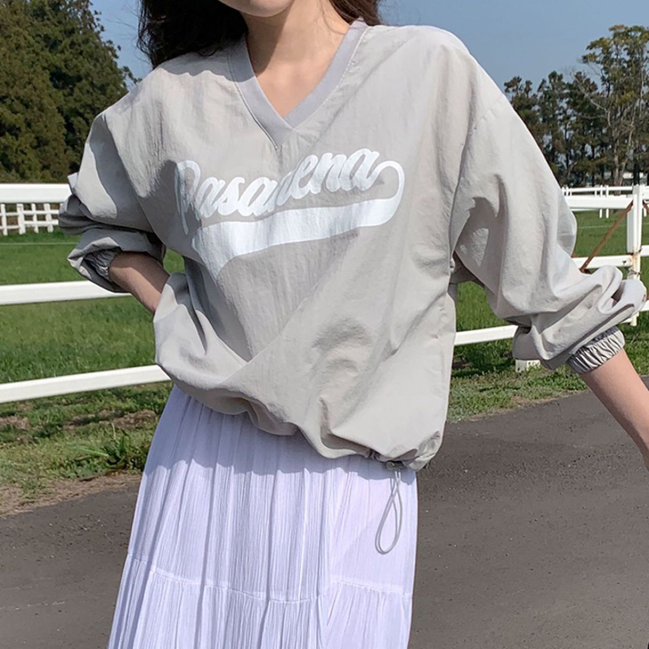 BY36871# 韩系简约v领印花宽松T恤下摆抽绳  服裝批發女裝批發服飾貨源