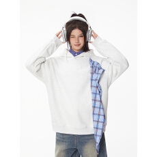 批发实拍大码<b class='q'>女装</b>长袖t恤卫衣秋季格子拼接中长宽松薄款新款连帽上衣