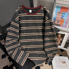 批发实拍首尔云感绒长袖t恤打底衫女装薄款美式条纹春<b class='q'>秋</b>圆领韩版上衣