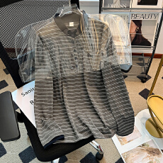 实拍长袖t恤打底衫女薄款2026春秋新款美式条纹宽松亨利衫领上衣