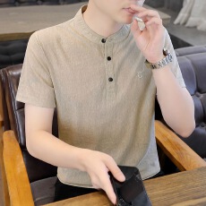 新款男士棉麻短袖polo衫中青年民族风百搭休闲t恤时尚立领半袖T恤