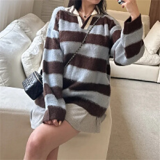 批发现  秋冬 复古慵懒<b class='q'>马海毛</b>条纹长袖针织<b class='q'>开衫</b>外套