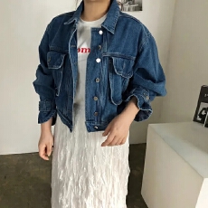 批发有货 小众复古翻领单排扣宽松短款口袋灯笼袖水洗蓝<b class='q'>牛仔</b>外套