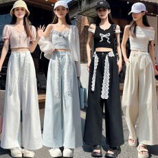 批发<b class='q'>蕾丝</b>系带洗水棉阔腿裤女春夏高腰显瘦宽松休闲裤小个子直筒九分裤