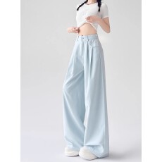 批发蓝色奶芙冰丝山本裤<b class='q'>女</b>2025新款夏薄款垂感小个子慵懒风西装阔腿<b class='q'>裤</b>