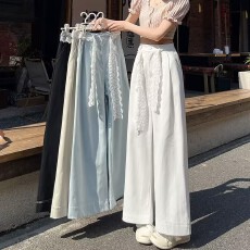 蕾丝系带洗水棉阔腿裤女春秋夏季宽松显瘦休闲裤多巴胺直筒九分裤
