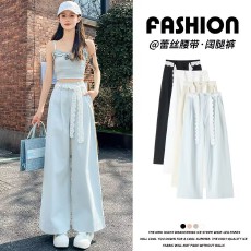 批发<b class='q'>蕾丝</b>系带九分阔腿裤女2026夏季高腰小个子休闲裤宽松显瘦直筒裤女