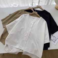 批发韩国外贸不规则衬衫女夏季宽松大码显瘦设计感开叉五分袖百搭上衣