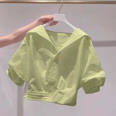 批发法式白色<b class='q'>翻领</b>泡泡袖衬衫女夏季2025新款甜美减龄慵懒风短款上衣潮