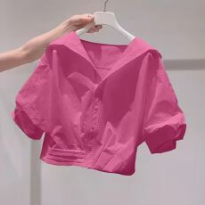 批发巨好看树莓粉翻领泡泡袖<b class='q'>衬衫</b>女<b class='q'>夏季</b>爆款ins风宽松多巴胺短款<b class='q'>衬衣</b>