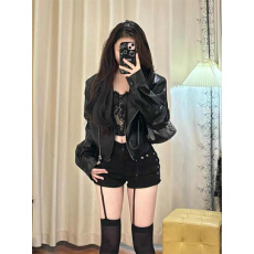 批发美式辣妹黑色<b class='q'>皮衣</b>外套女2025春秋小个子短款机车PU皮夹克甜酷上衣