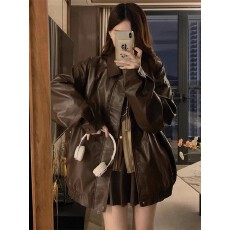 2025新款春秋季拉链翻领pu皮衣外套女短款宽松显瘦美式复古机车服
