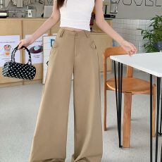 批发口袋阔腿高腰休闲裤女夏季2026新款宽松显瘦拖地百搭简约垂感长裤