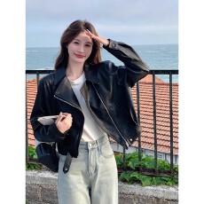 批发黑色<b class='q'>皮衣</b>外套女<b class='q'>短款</b>小个子2025春秋季复古机车服港风气质pu皮夹克